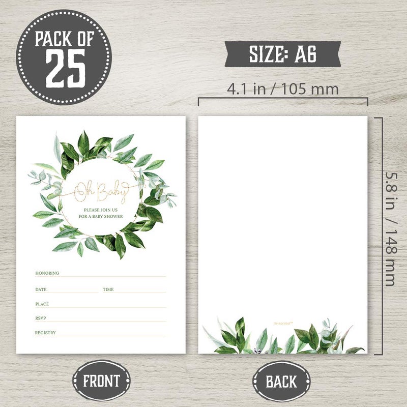 Hat Acrobat Set of 25 Floral Boho Baby Shower Invitations for Girl and Boy - Gender Neutral Sage Green Baby Shower Invitations for Boy & Girl, Diaper Raffle Tickets, Book Request Cards with Envelopes - Image 2